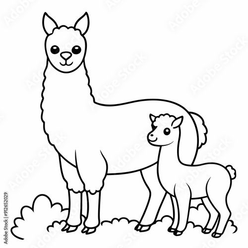 A beautiful Alpaca is standing with baby on the grass art vector illustration