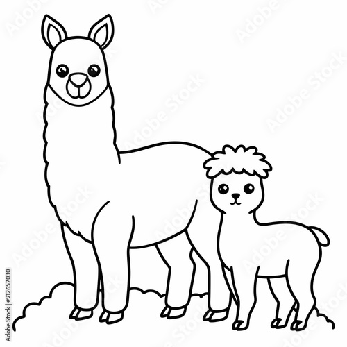 A beautiful Alpaca is standing with baby on the grass art vector illustration