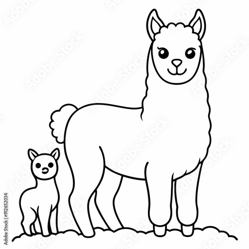 A beautiful Alpaca is standing with baby on the grass art vector illustration