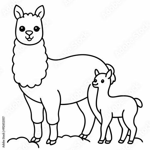 A beautiful Alpaca is standing with baby on the grass art vector illustration