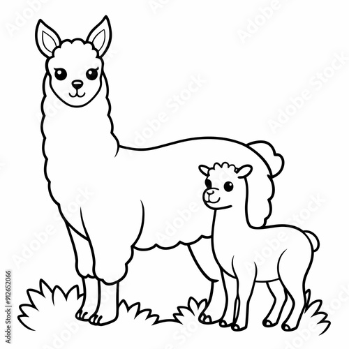 A beautiful Alpaca is standing with baby on the grass art vector illustration
