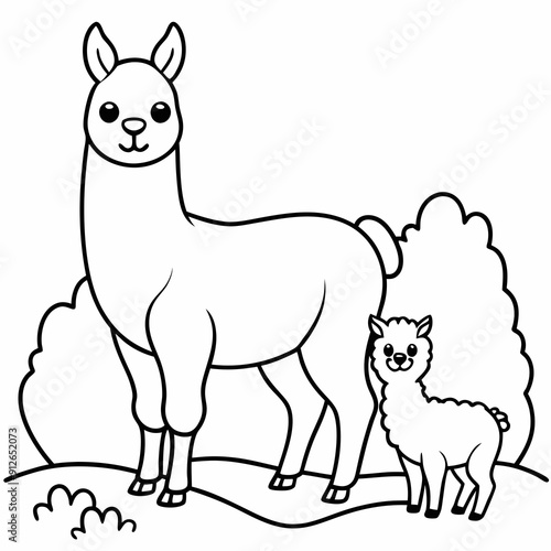 A beautiful Alpaca is standing with baby on the grass art vector illustration