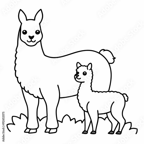A beautiful Alpaca is standing with baby on the grass art vector illustration