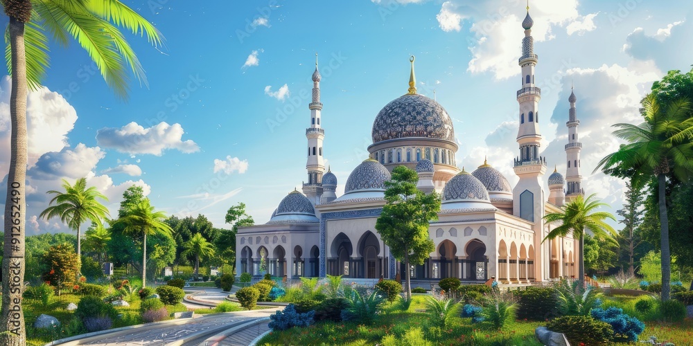 Obraz premium Mosque with gardens under blue sky.