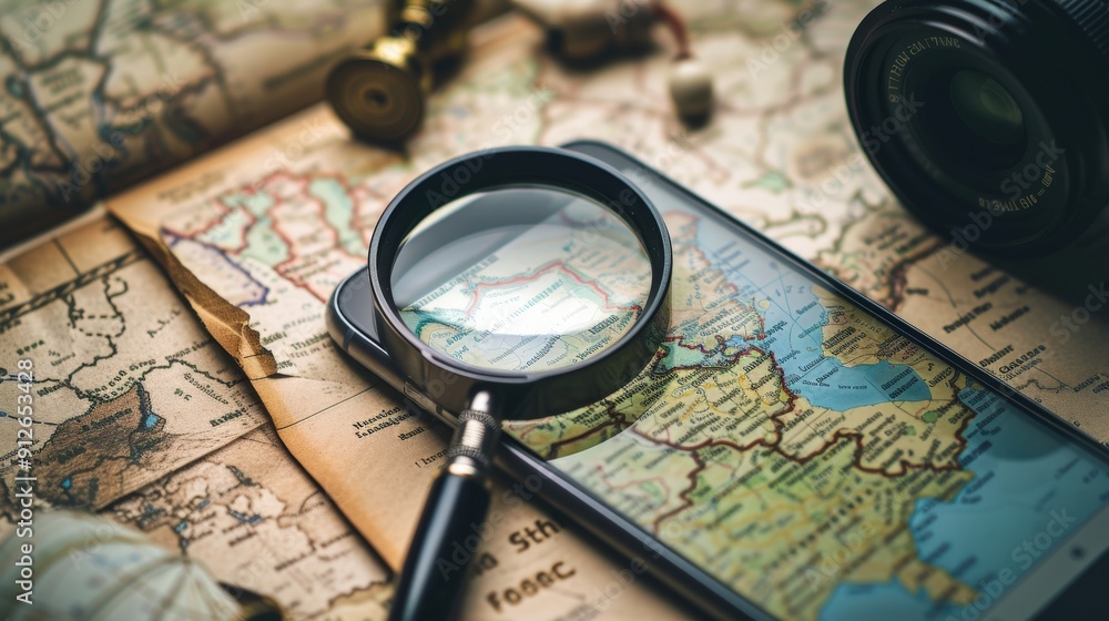 A magnifying glass over a map with a camera lens in the background. A magnifying glass over a map with a camera lens in the background.