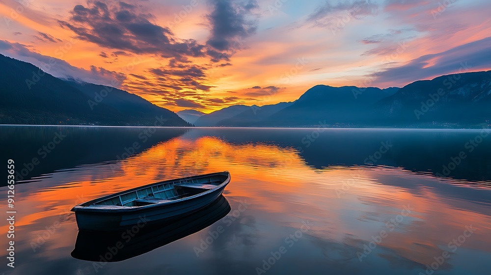 a tranquil lake surrounded by mountains, reflecting the colors of a breathtaking sunset, with a small boat floating peacefully a tranquil lake surrounded by mountains, reflecting the colors of a breathtaking sunset, with a small boat floating peacefully