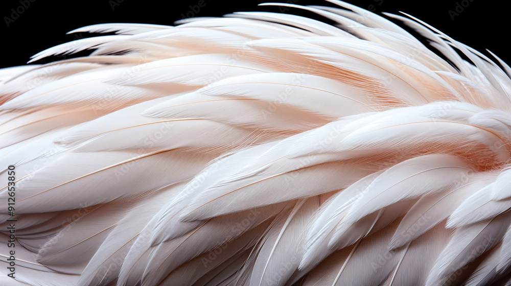 Fototapeta premium Close-up image of delicate white and light pink feathers with fine details, arranged in a layered pattern against a black background.