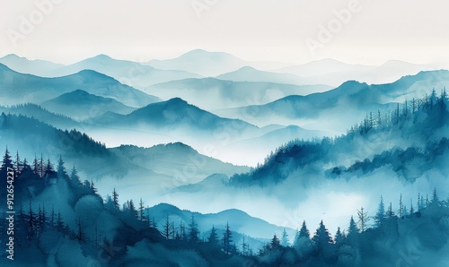 A peaceful mountain range in watercolor with cool blues and greens