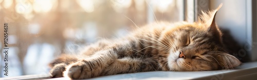 The cat is gently dozing on the windowsill, the rays of the sun illuminate its fur