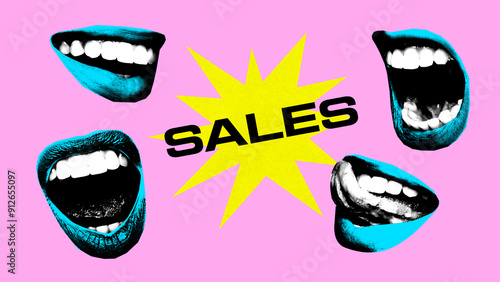 Wallpaper Mural Poster. Contemporary art collage. Blue mouths surrounds starburst with word sales against pink background. Vintage style. Concept of Black Friday, shopping, special offer, Cyber Monday, delivery. Torontodigital.ca