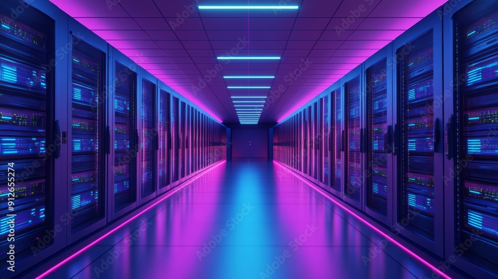 Fototapeta premium In a futuristic data center, there is a blue neon light in a corridor