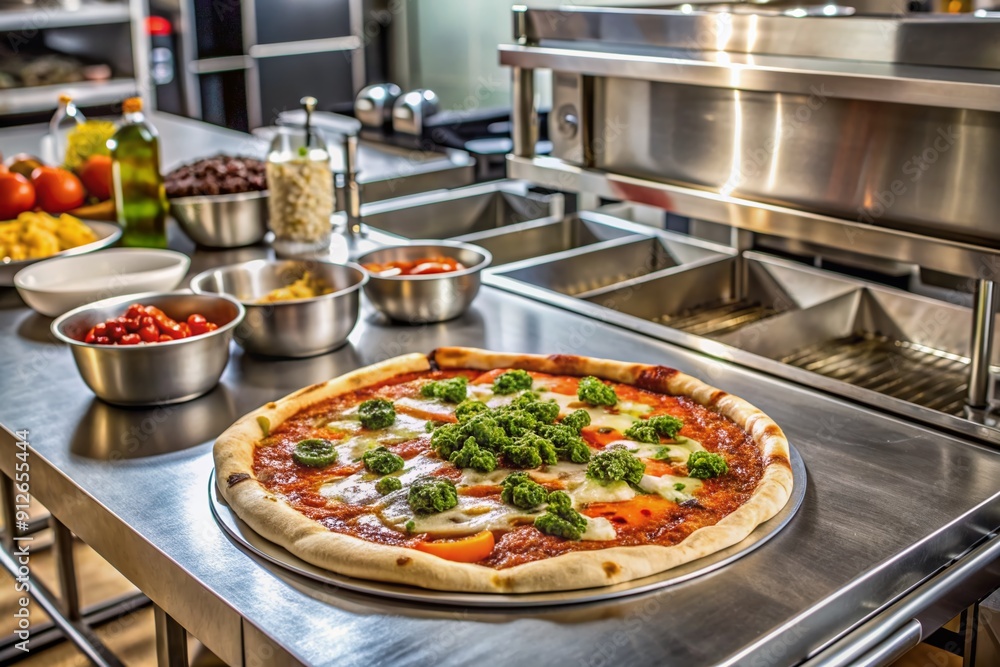 Gleaming stainless steel kitchen equipment surrounds a half-assembled ...