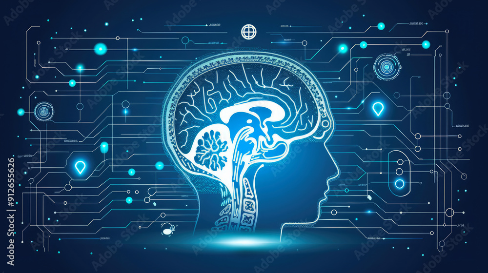 Neural diagram glows on blue. Neural diagram glows on blue.
