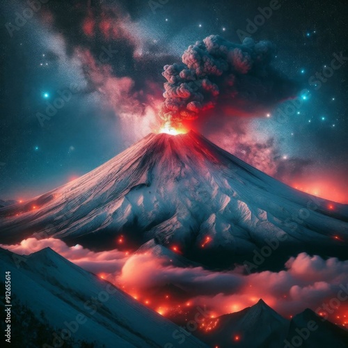 Erupting Tungurahua Volcano with Snow at Night photo