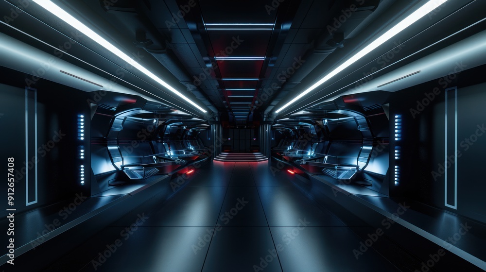 Fototapeta premium Futuristic Corridor with Red and Blue Neon Lights