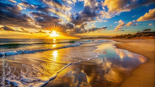 Peaceful morning scene of a deserted beach at sunrise, gentle waves caressing the shore, warm golden light illuminating the sky, perfect for relaxation and tranquility. photo