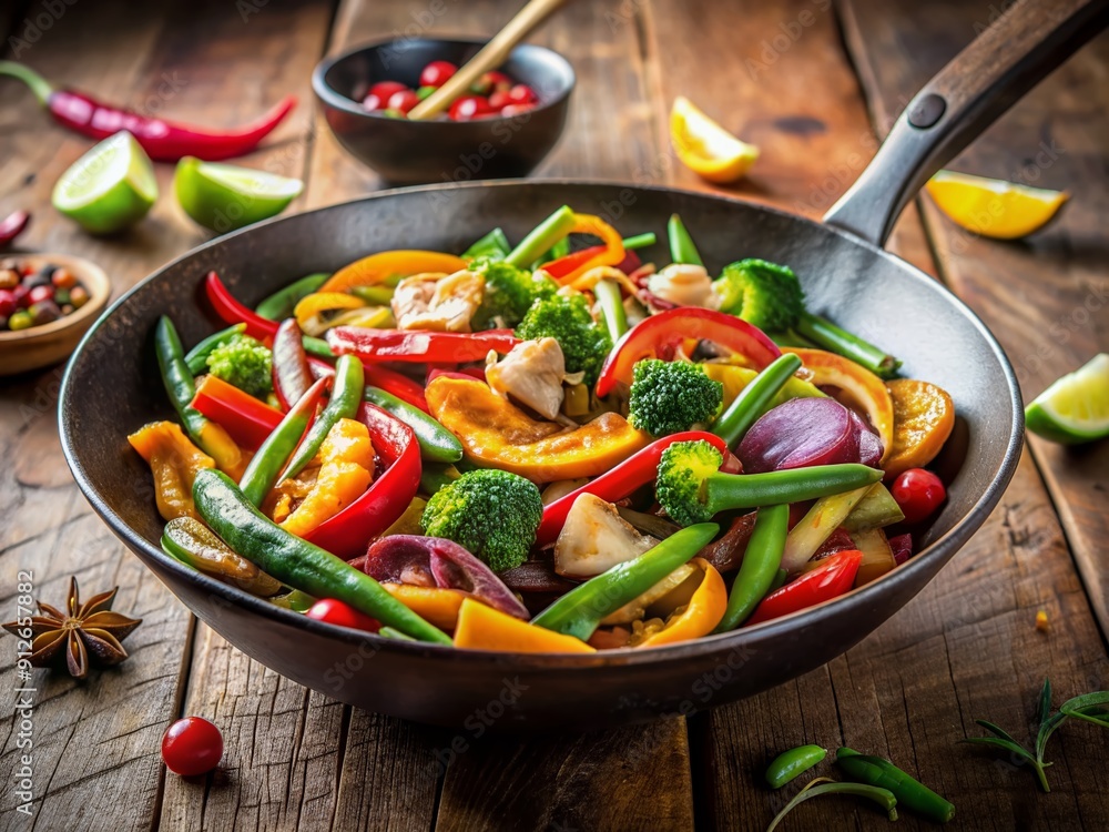 Savory aromas waft from a sizzling wok filled with vibrant vegetables as a sprinkle of spices is added, teasing the senses with a flavorful culinary delight. Savory aromas waft from a sizzling wok filled with vibrant vegetables as a sprinkle of spices is added, teasing the senses with a flavorful culinary delight.