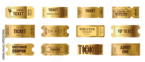 Golden big tickets admit one set. Invite tickets for casino, theater, cinema, movie, film, festival, club, music, concert, boarding, lottery.
