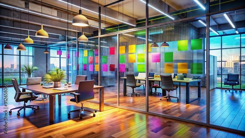 Wallpaper Mural Vibrant office space with neon-lit walls, modern furniture, and colorful sticky notes on glass boards, conveying innovative corporate team's creative brainstorming atmosphere. Torontodigital.ca