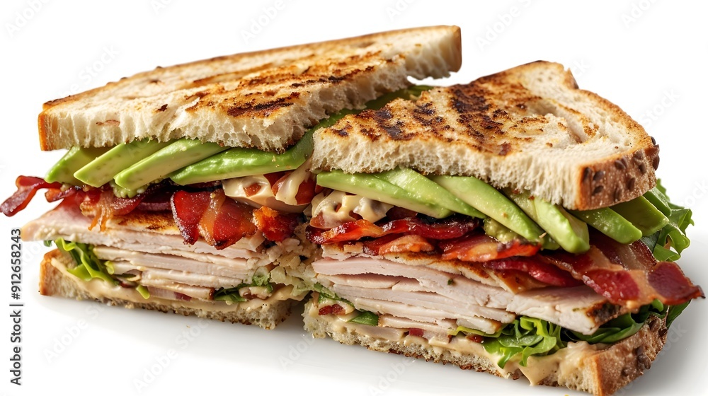 A sandwich with bacon, avocado, and turkey A sandwich with bacon, avocado, and turkey