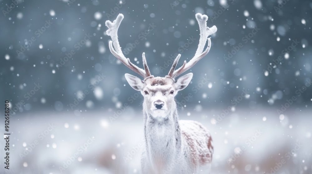 A ghostly deer with antlers, walking silently through the snow-covered forest A ghostly deer with antlers, walking silently through the snow-covered forest