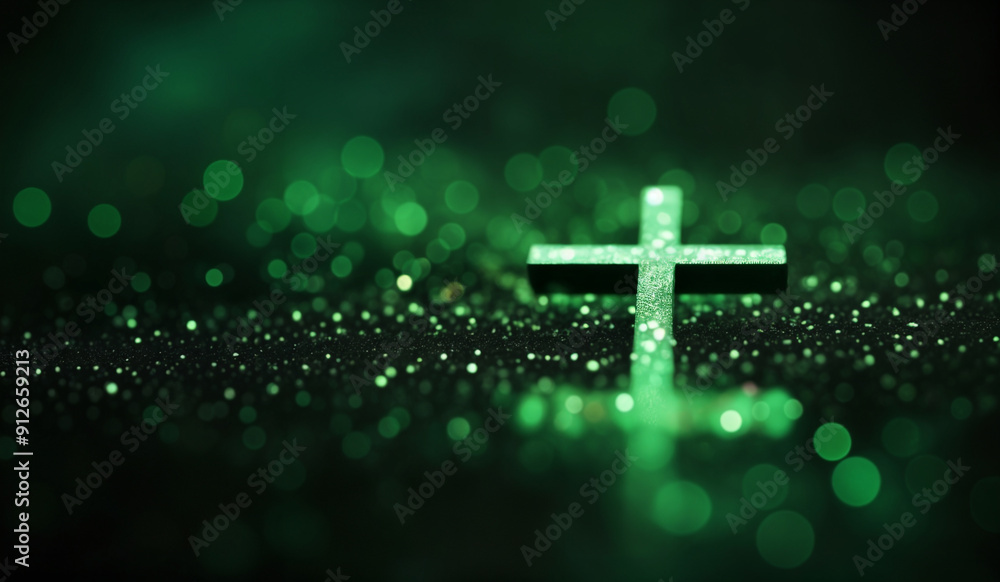 Green holographic glowing Christian cross with copy space. Green holographic glowing Christian cross with copy space.