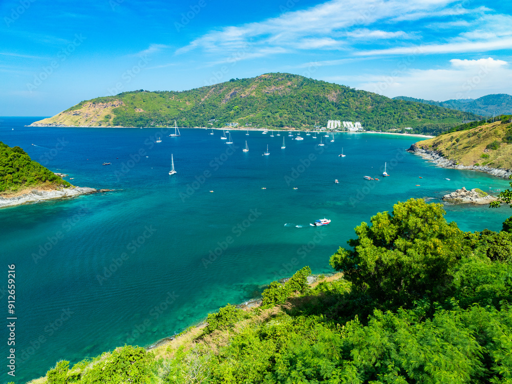 Obraz premium Drone view Beautiful sea in high season at Phuket Thailand