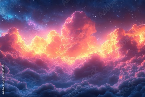 vibrant animestyle cloudscape with exaggerated cumulus formations and dynamic lighting bold outlines and saturated colors create a surreal atmosphere