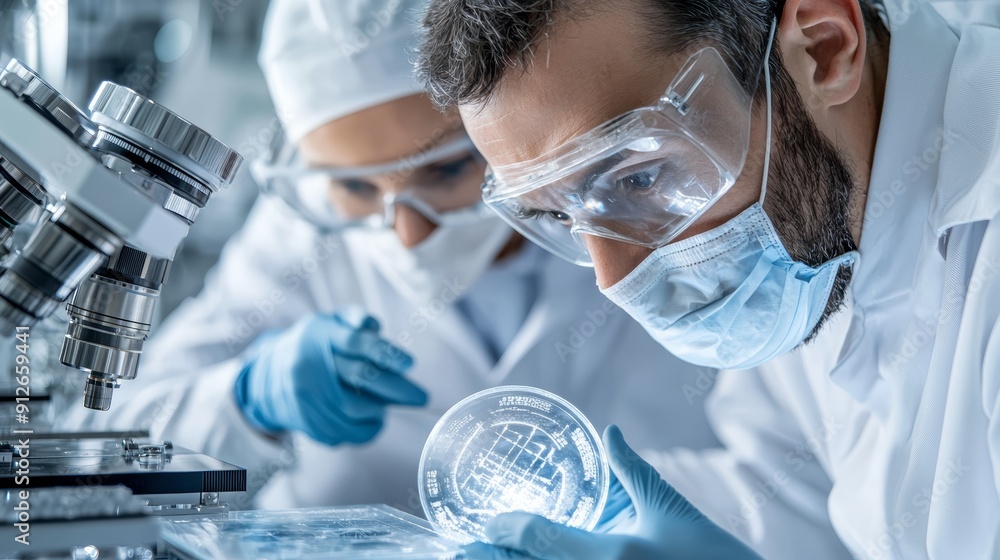 Two scientists in lab coats and safety goggles examining a petri dish. Focus on the scientist in the foreground. Clean sterile environment. Two scientists in lab coats and safety goggles examining a petri dish. Focus on the scientist in the foreground. Clean sterile environment.