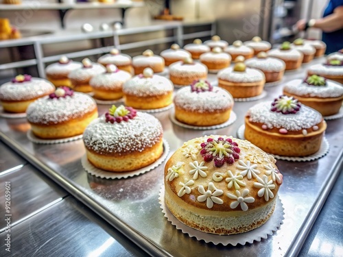 Delicate cakes adorned with intricate designs and sprinkled with icing sugar sit on a stainless steel countertop in a bustling professional kitchen.