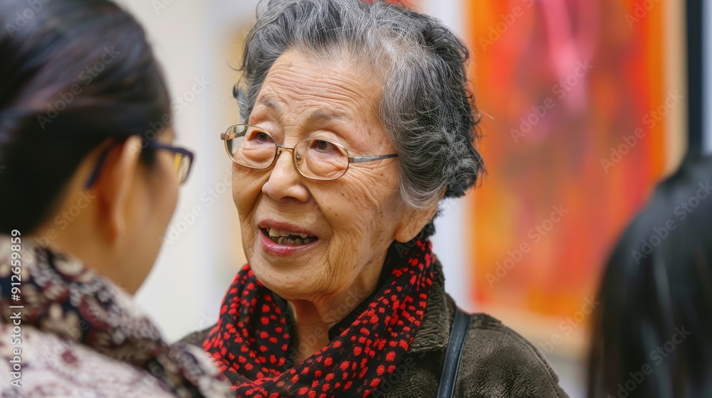 An elderly woman talks happily with a younger woman at an art exhibit An elderly woman talks happily with a younger woman at an art exhibit