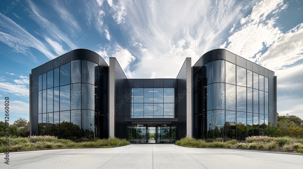 Modern, sleek office building with glass facade against a dramatic sky. Modern, sleek office building with glass facade against a dramatic sky.