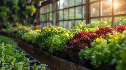 Rows of fresh lettuce seedlings growing in a greenhouse.