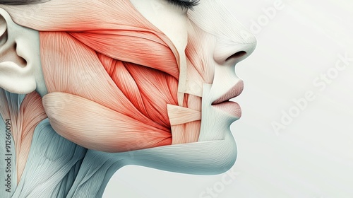 Side profile of a woman's face with visible facial muscles.  Anatomy illustration.  Medical concept.