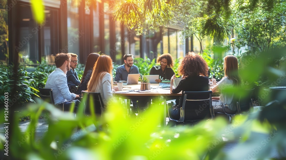 Collaborative brainstorming in an outdoor workspace, greenery surrounding the participants, natural sunlight illuminating the scene, Ecofriendly, Soft colors Collaborative brainstorming in an outdoor workspace, greenery surrounding the participants, natural sunlight illuminating the scene, Ecofriendly, Soft colors
