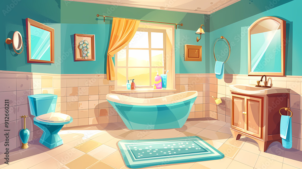 Bath room interior with bathtub and toilet bowl, cabinets and mirrors, cleaning products, and towels. Cartoon vector shower space with window and carpet on floor. Bath room interior with bathtub and toilet bowl, cabinets and mirrors, cleaning products, and towels. Cartoon vector shower space with window and carpet on floor.