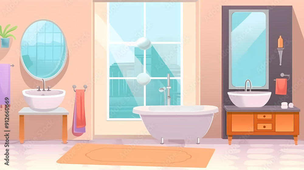 Bath room interior with bathtub and toilet bowl, cabinets and mirrors, cleaning products, and towels. Cartoon vector shower space with window and carpet on floor. Bath room interior with bathtub and toilet bowl, cabinets and mirrors, cleaning products, and towels. Cartoon vector shower space with window and carpet on floor.