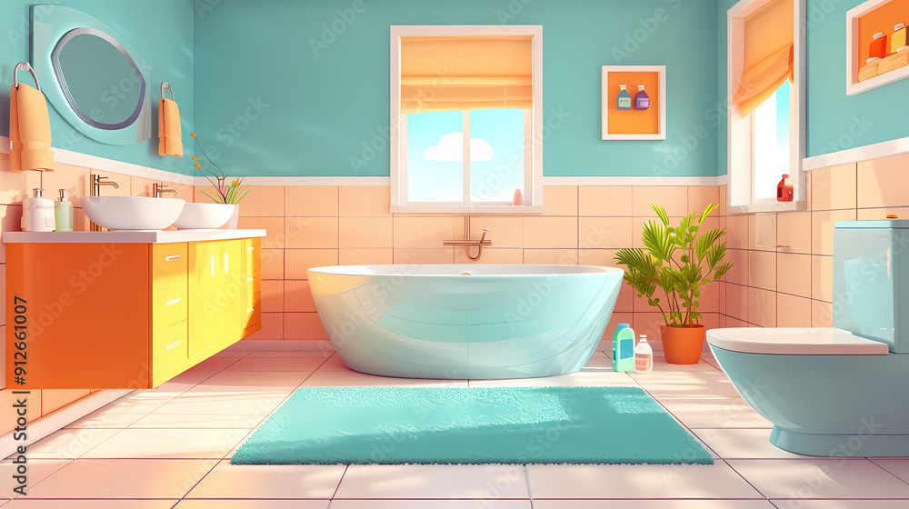 Bath room interior with bathtub and toilet bowl, cabinets and mirrors, cleaning products, and towels. Cartoon vector shower space with window and carpet on floor. Bath room interior with bathtub and toilet bowl, cabinets and mirrors, cleaning products, and towels. Cartoon vector shower space with window and carpet on floor.