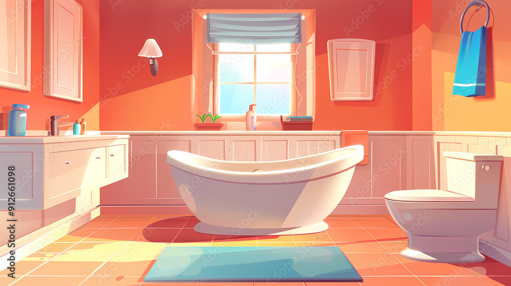Bath room interior with bathtub and toilet bowl, cabinets and mirrors, cleaning products, and towels. Cartoon vector shower space with window and carpet on floor. Bath room interior with bathtub and toilet bowl, cabinets and mirrors, cleaning products, and towels. Cartoon vector shower space with window and carpet on floor.