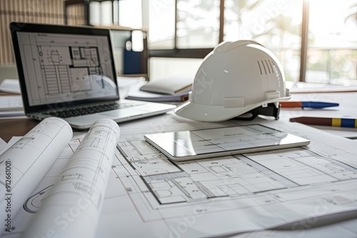Architectural blueprints and hard hat.