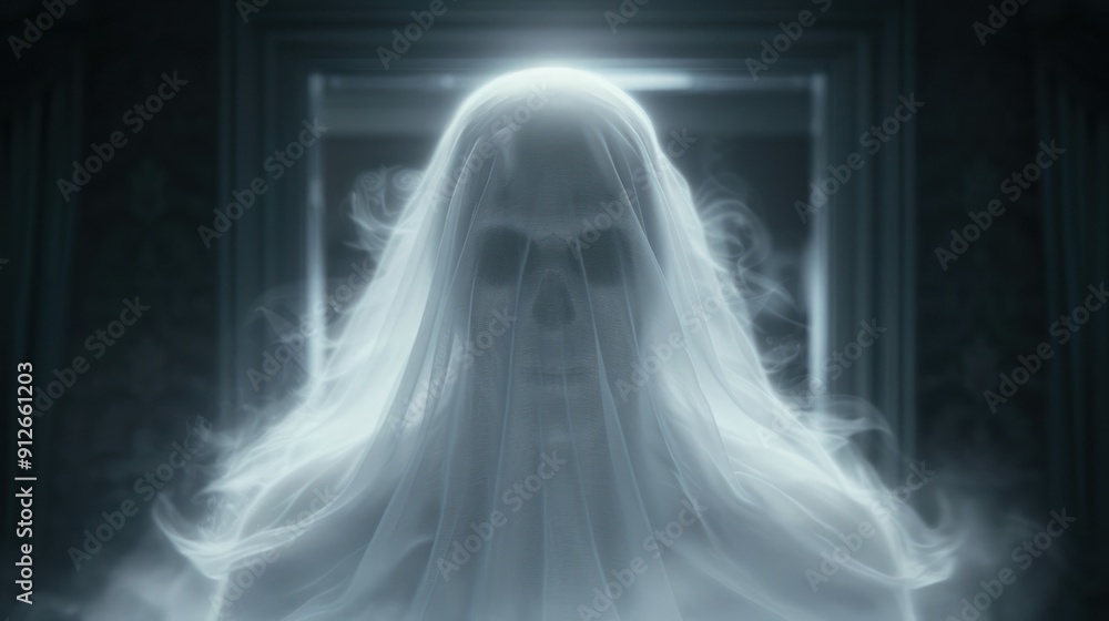 A ghostly figure with hollow eyes, lurking in the shadows of the haunted mansion's attic A ghostly figure with hollow eyes, lurking in the shadows of the haunted mansion's attic