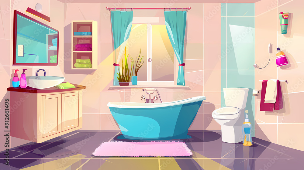 Bath room interior with bathtub and toilet bowl, cabinets and mirrors, cleaning products, and towels. Cartoon vector shower space with window and carpet on floor. Bath room interior with bathtub and toilet bowl, cabinets and mirrors, cleaning products, and towels. Cartoon vector shower space with window and carpet on floor.
