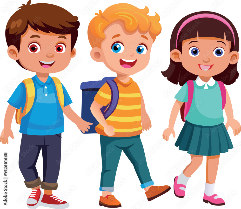 Four happy school kids walking together holding hands Four happy school kids walking together holding hands