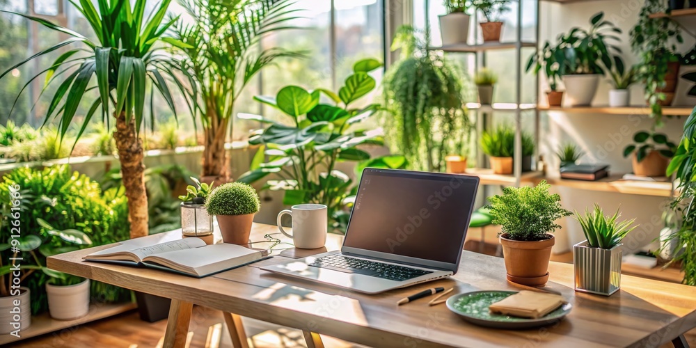 Obraz premium Cozy desk setup with Laptop, organized documents, and lush green plants, perfect for remote work, productivity, and home office inspirations, evoking feelings of calm focus.