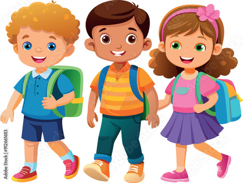 Four happy school kids walking together holding hands