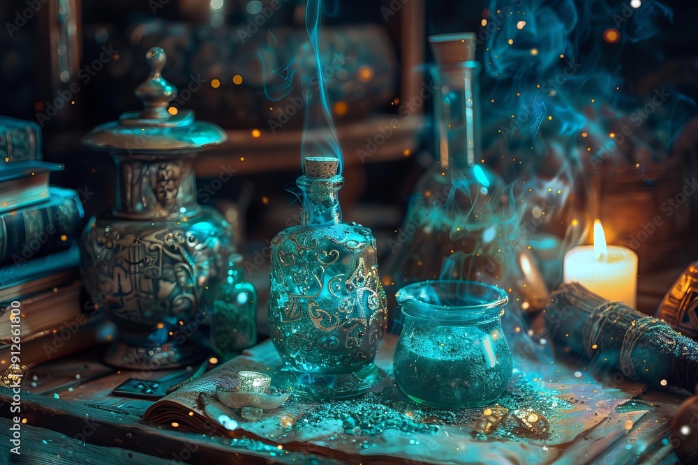 Magic potion brewing in a bottle in alchemist workshop surrounded by magic tools Magic potion brewing in a bottle in alchemist workshop surrounded by magic tools