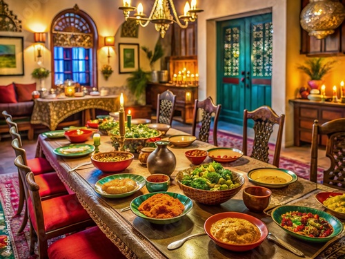 Cozy dinner setting at a traditional Indian home with elegant furniture, vibrant colors, and delicious food on the table, conveying warmth and togetherness. photo