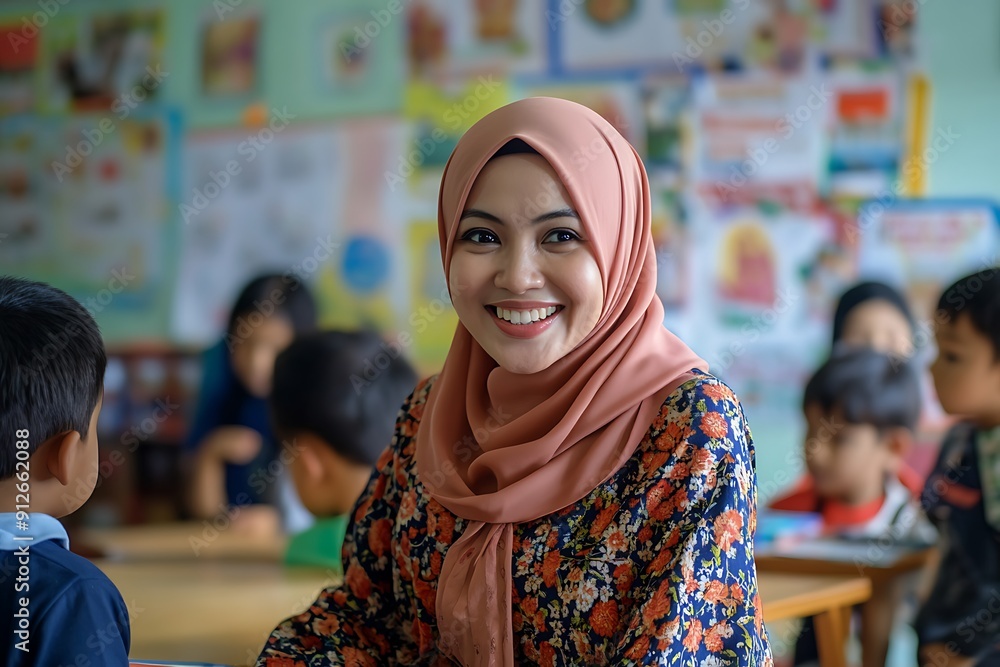 Smiling Female Teacher in Hijab with Students in Classroom Smiling Female Teacher in Hijab with Students in Classroom