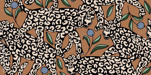 Leopard seamless pattern with floral leaves background Vector
