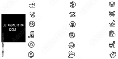 Diet nutrition simple concept 18 icons set. Contains such Healthy Food, Halal, Kosher, Vegan food. .Vector illustration.